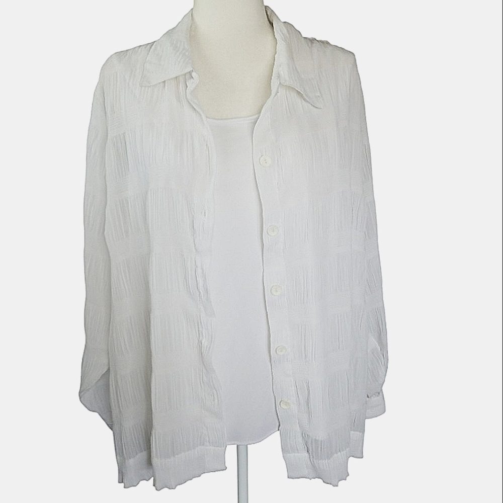 Sheer White Long Sleeve Button Blouse with Attached White Tank